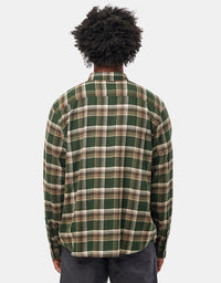 Men's plaid flannel shirt in green and cream tartan pattern, back view on model