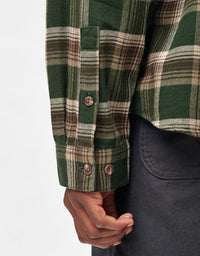 Close-up of plaid flannel shirt sleeve cuff with brown buttons, showing detail on model