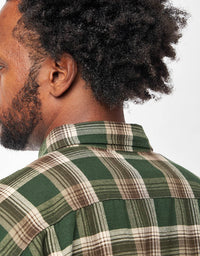 Back detail view of men's plaid flannel shirt with collar, green and brown tartan pattern