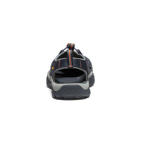 Dark hybrid sandal shoe with bungee lacing system and protective toe, rear view