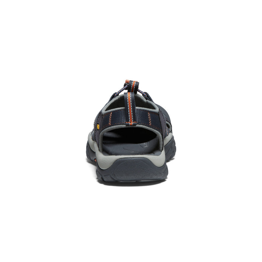 Dark hybrid sandal shoe with bungee lacing system and protective toe, rear view