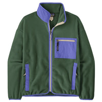 Green full-zip fleece jacket with purple contrast trim, chest pocket, and stand collar, front view