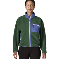 Women's full-zip fleece jacket in green with blue contrast collar and chest pocket, front view