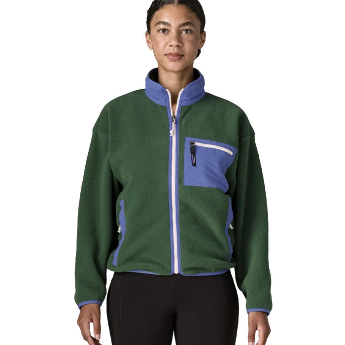 Women's full-zip fleece jacket in green with blue contrast collar and chest pocket, front view