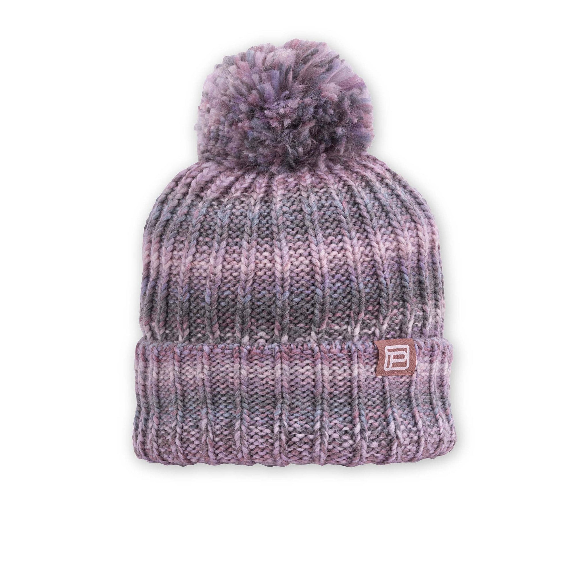 Chunky ribbed knit pom-pom beanie in mauve-purple tones with folded cuff and brand patch