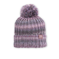 Chunky ribbed knit pom-pom beanie in mauve-purple tones with folded cuff and brand patch