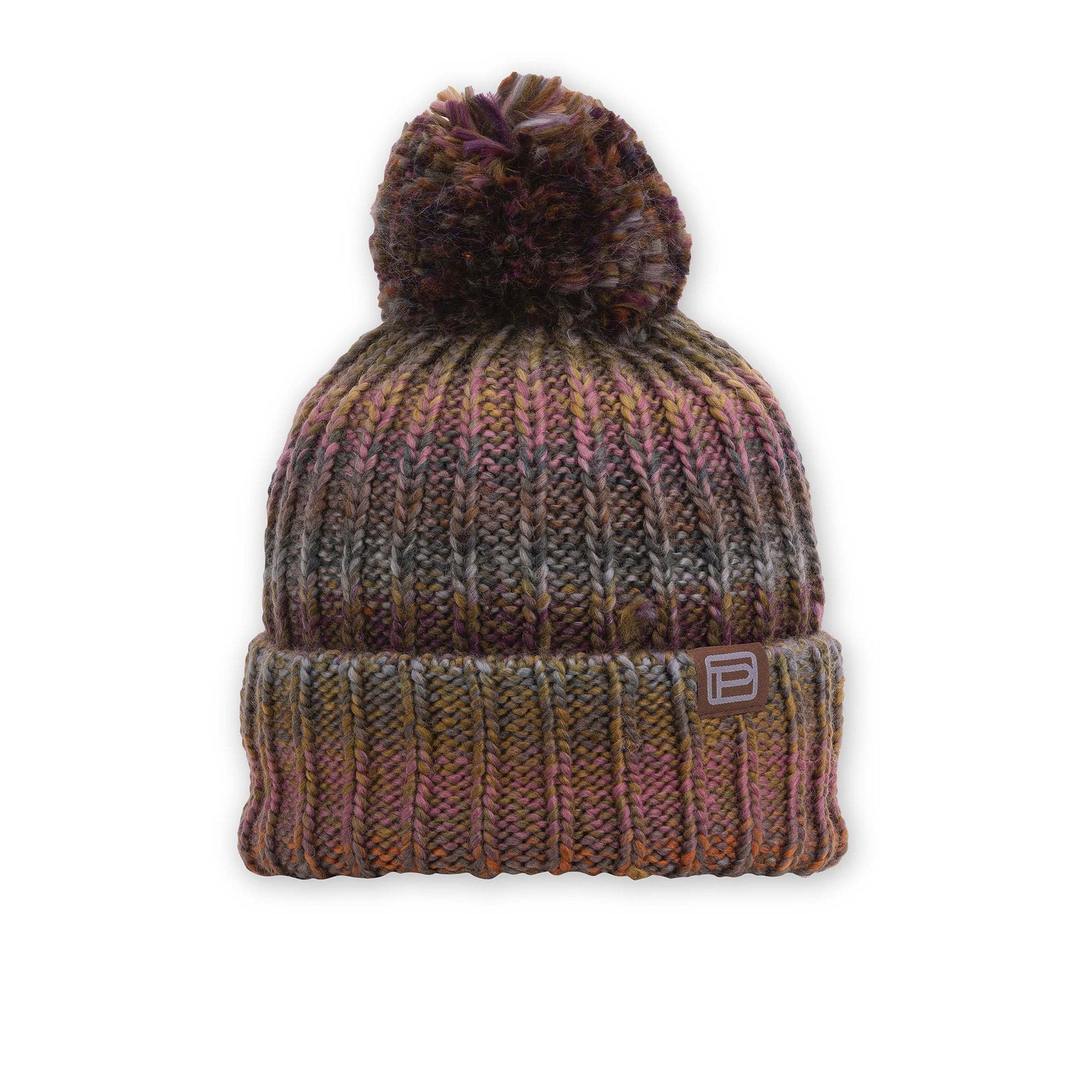 Chunky ribbed knit beanie with large pom-pom and folded cuff in multicolor earthy tones