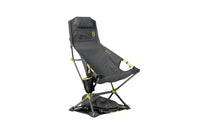 Foldable reclining camp chair with grey mesh fabric, yellow-green frame accents, and ground mat base