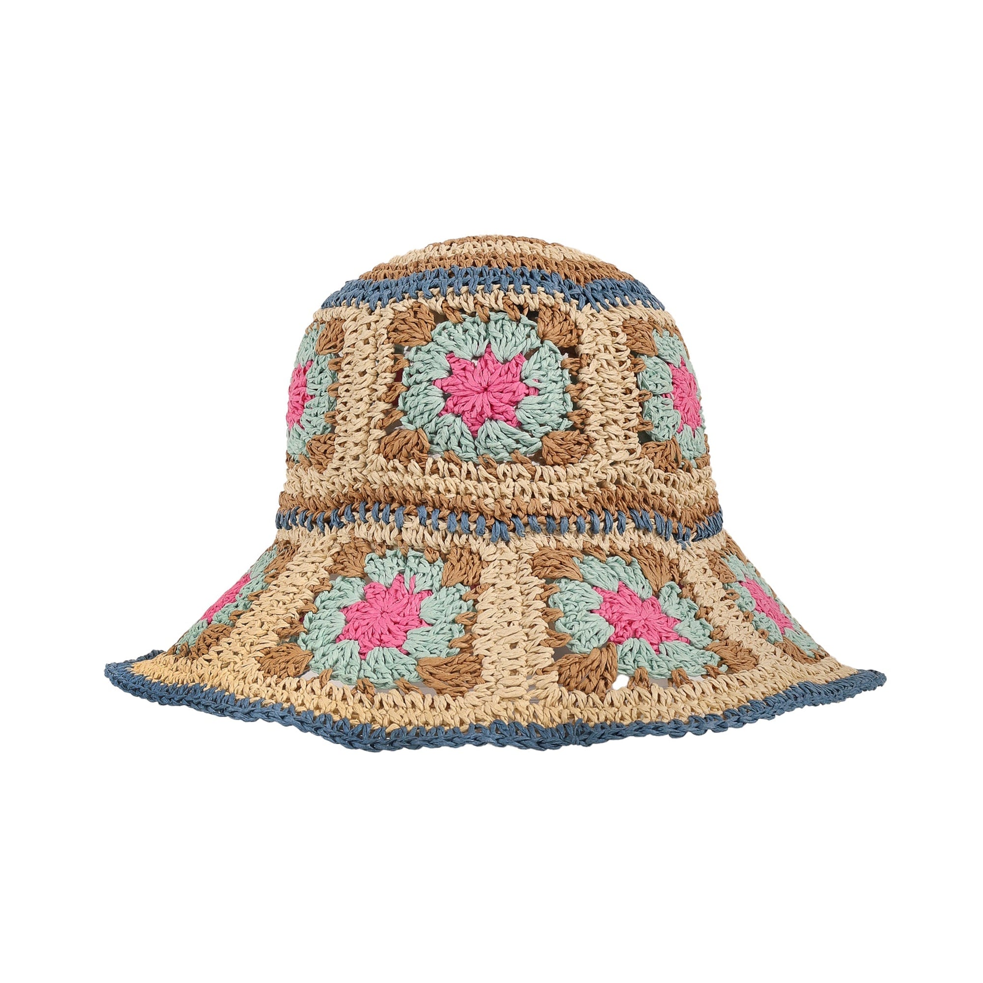 Crochet bucket hat with granny square pattern featuring pink floral centers and blue trim