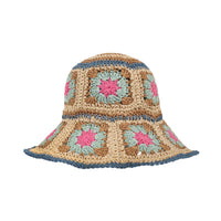 Crochet bucket hat with granny square pattern featuring pink floral centers and blue trim