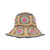 Crochet bucket hat with granny square pattern featuring pink floral centers and blue trim
