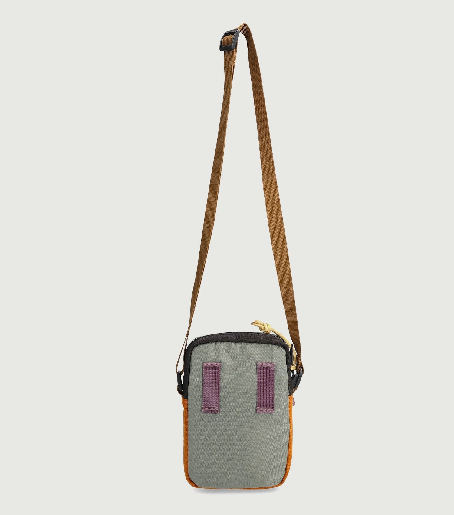Small crossbody bag with adjustable shoulder strap, olive green body with orange trim