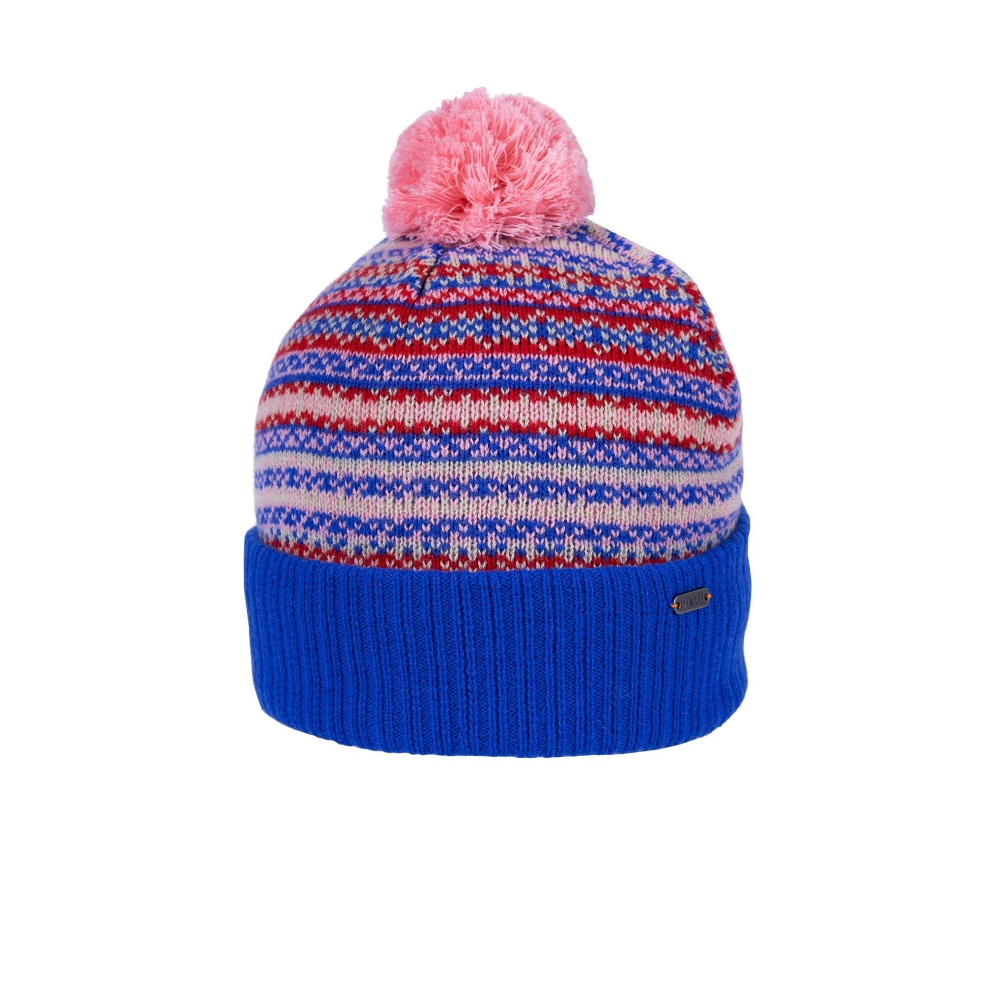 Knit beanie with fair isle stripe pattern, solid royal blue cuff, and pink pom-pom on top