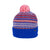 Knit beanie with fair isle stripe pattern, solid royal blue cuff, and pink pom-pom on top