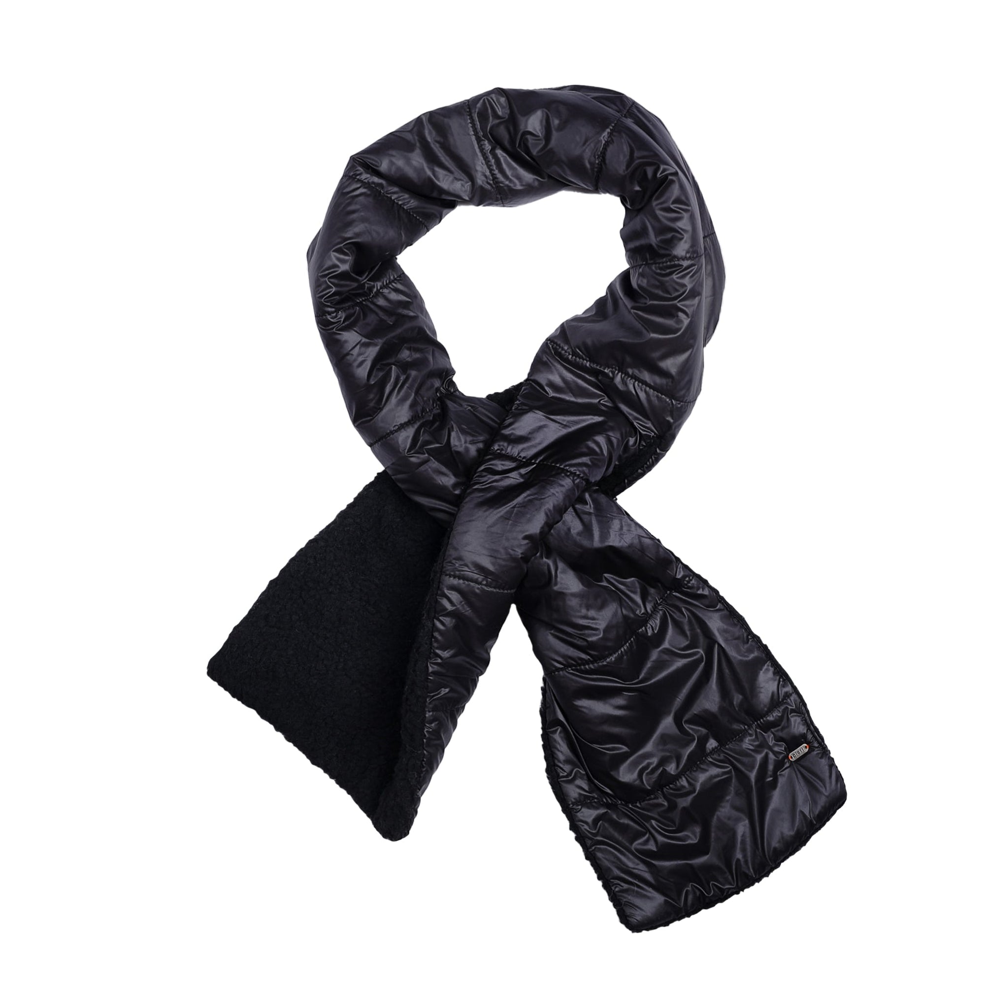 Black quilted puffer scarf with sherpa fleece lining, looped and crossed, flat lay view