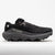 Black trail running shoe with chunky gray midsole and aggressive lug outsole, lateral view