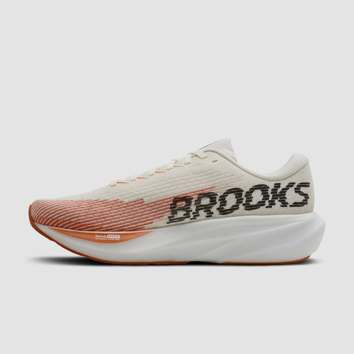 Men's running shoe with cream upper, orange-red gradient toe, thick white midsole, lateral view