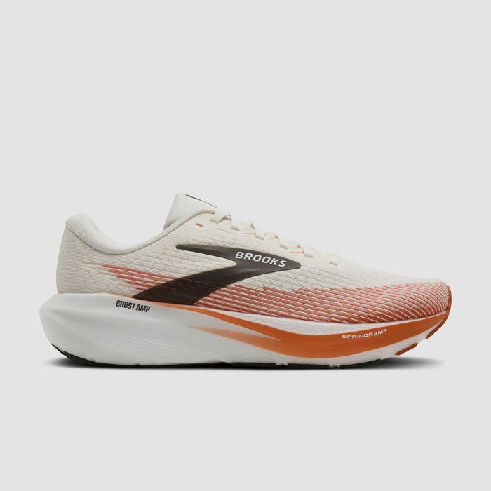 Men's running shoe with cream upper, orange gradient accents, chunky white midsole, lateral view