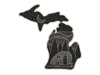 Two state-shaped stickers with black backgrounds featuring moon stars and camping trailer illustrations