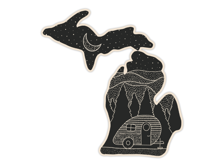 Two state-shaped stickers with black backgrounds featuring moon stars and camping trailer illustrations