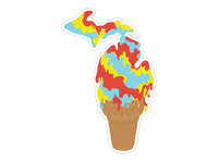 Ice cream cone shaped sticker with Michigan state outline in colorful swirled design