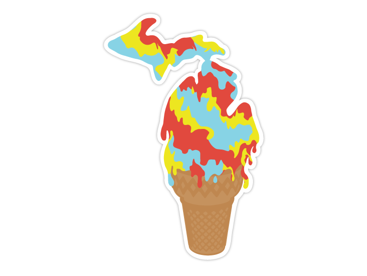 Ice cream cone shaped sticker with Michigan state outline in colorful swirled design