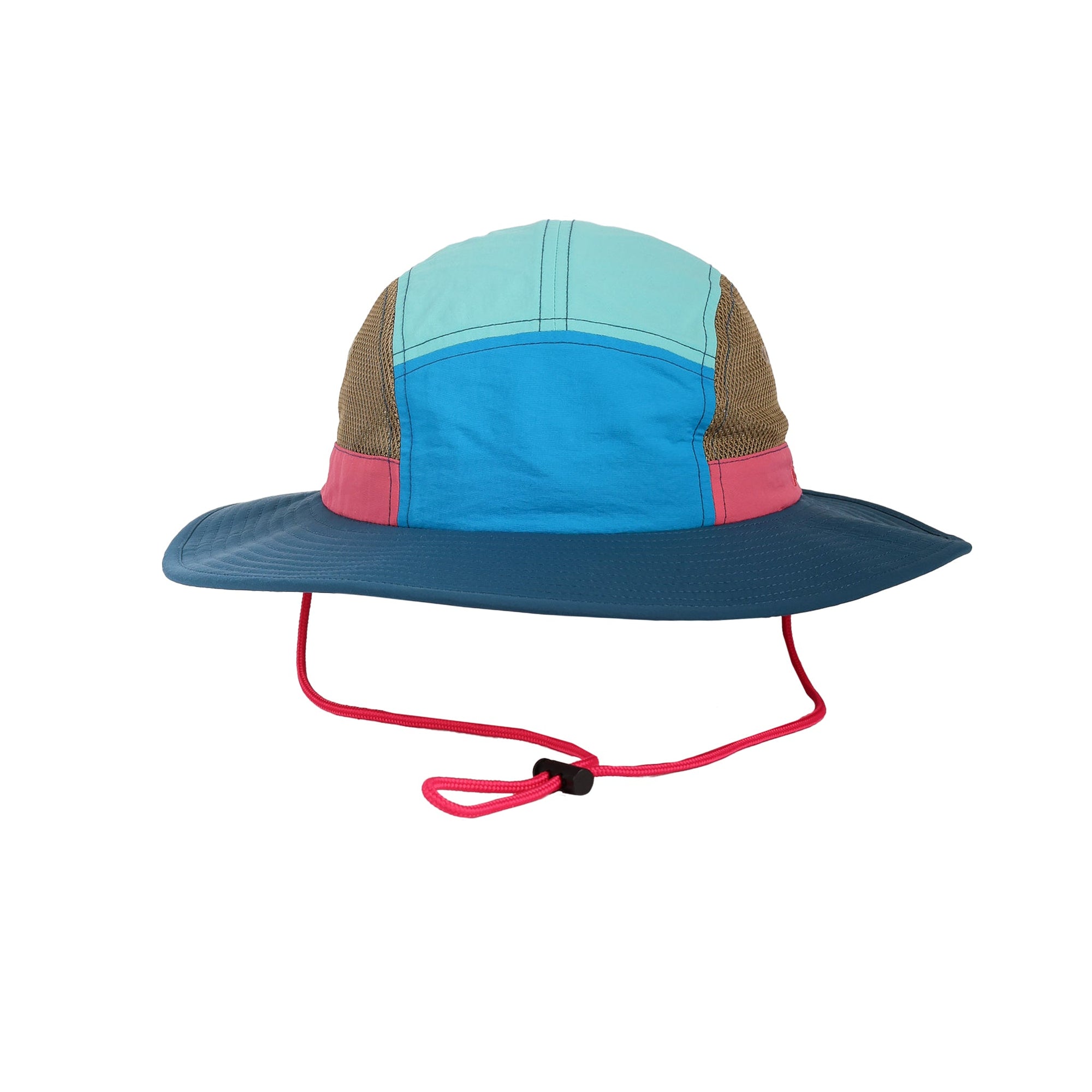 Wide-brim sun hat with colorblock panels, mesh sides, and red adjustable chin cord