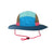 Wide-brim sun hat with colorblock panels, mesh sides, and red adjustable chin cord