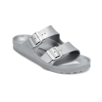 Grey metallic two-strap sandals with adjustable buckles on white background
