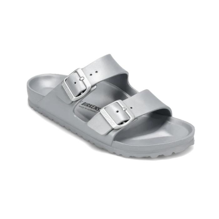Grey metallic two-strap sandals with adjustable buckles on white background