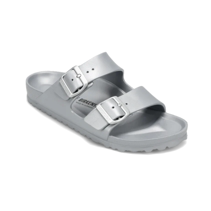 Grey metallic two-strap sandals with adjustable buckles on white background