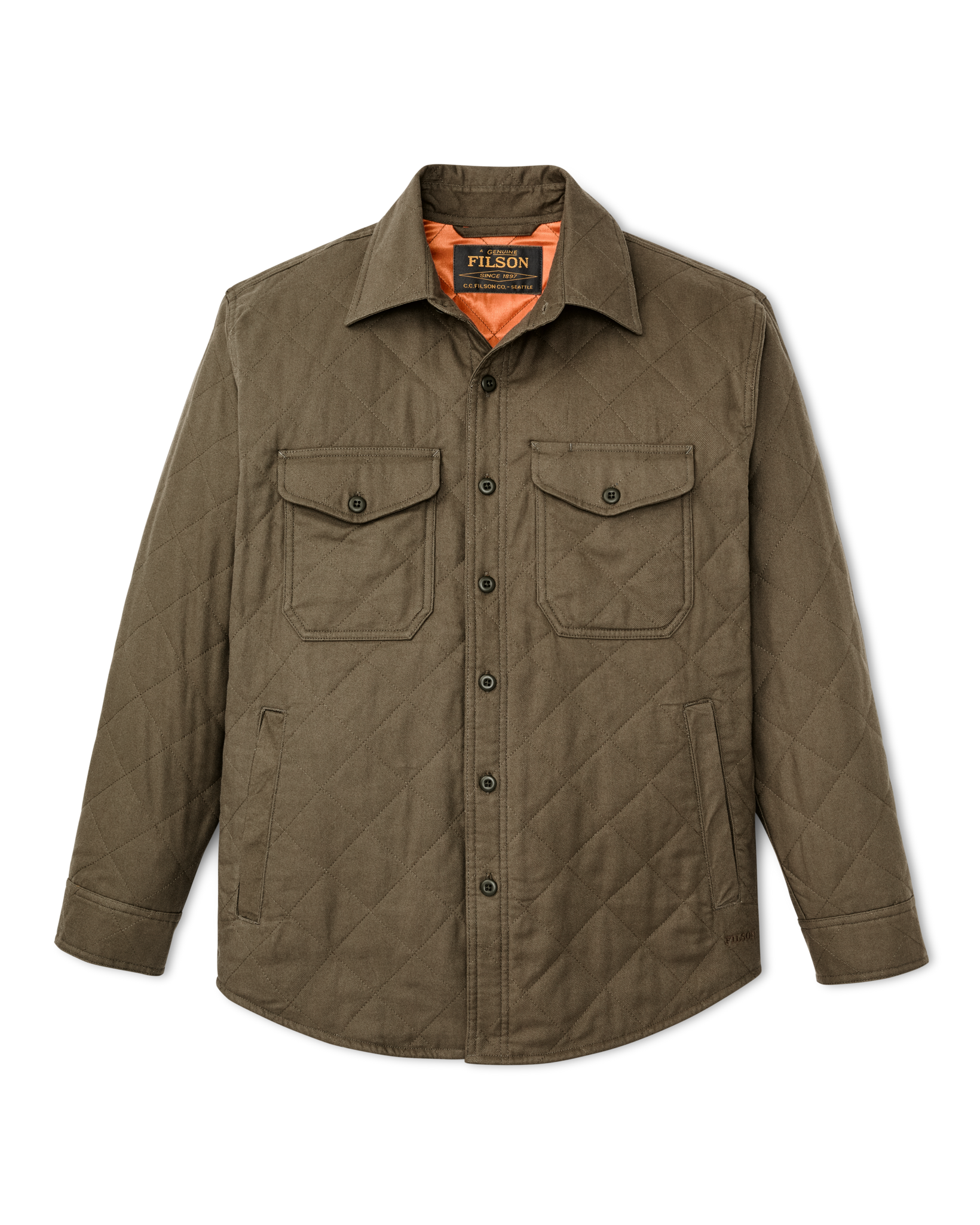 Quilted olive green insulated shirt jacket with snap buttons, dual chest pockets, and diamond stitching, front view