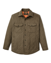 Quilted olive green insulated shirt jacket with snap buttons, dual chest pockets, and diamond stitching, front view