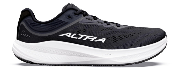 Running shoe with black mesh upper, white cushioned midsole, and black rubber outsole, lateral view
