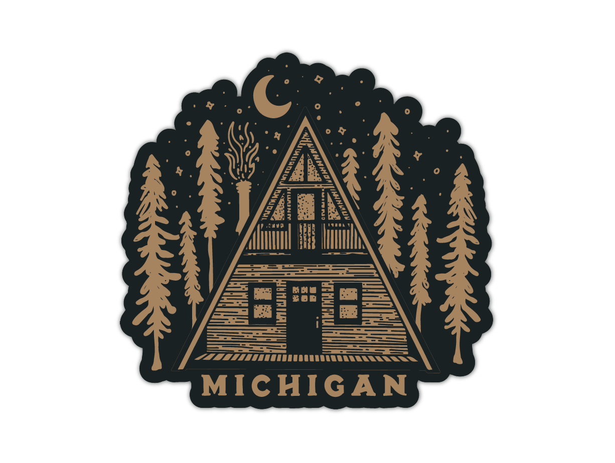 Circular sticker featuring A-frame cabin in forest with moon and stars on black background