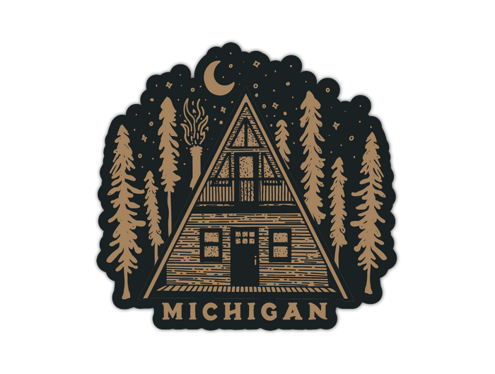 Circular sticker featuring A-frame cabin in forest with moon and stars on black background