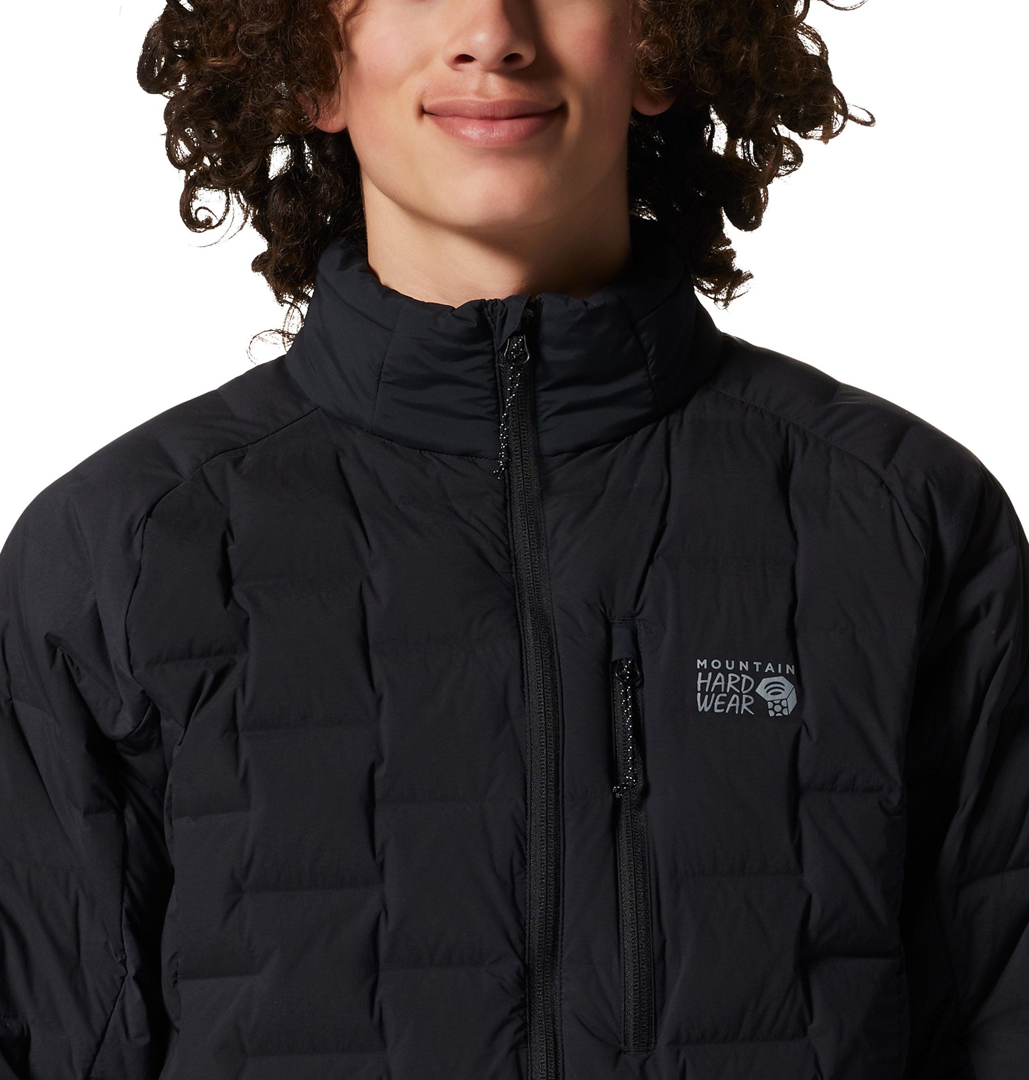 Black quilted insulated jacket with full zip and stand collar, close-up front view