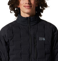 Black quilted insulated jacket with full zip and stand collar, close-up front view