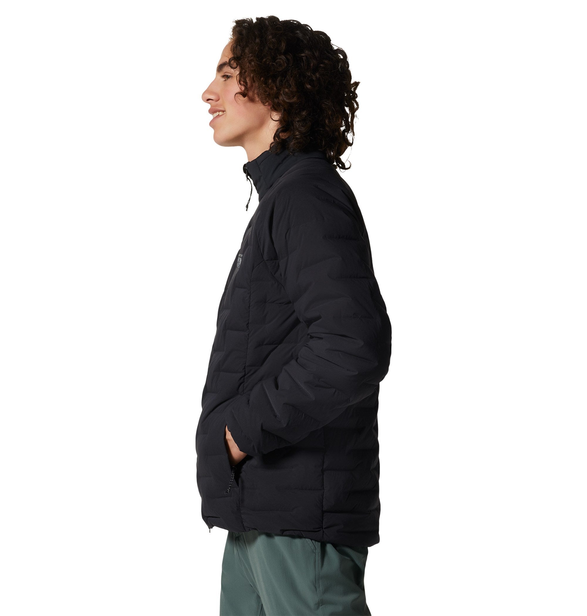 Men's quilted insulated jacket in black, side view, with stand collar and hand pockets