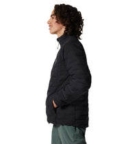 Men's quilted insulated jacket in black, side view, with stand collar and hand pockets