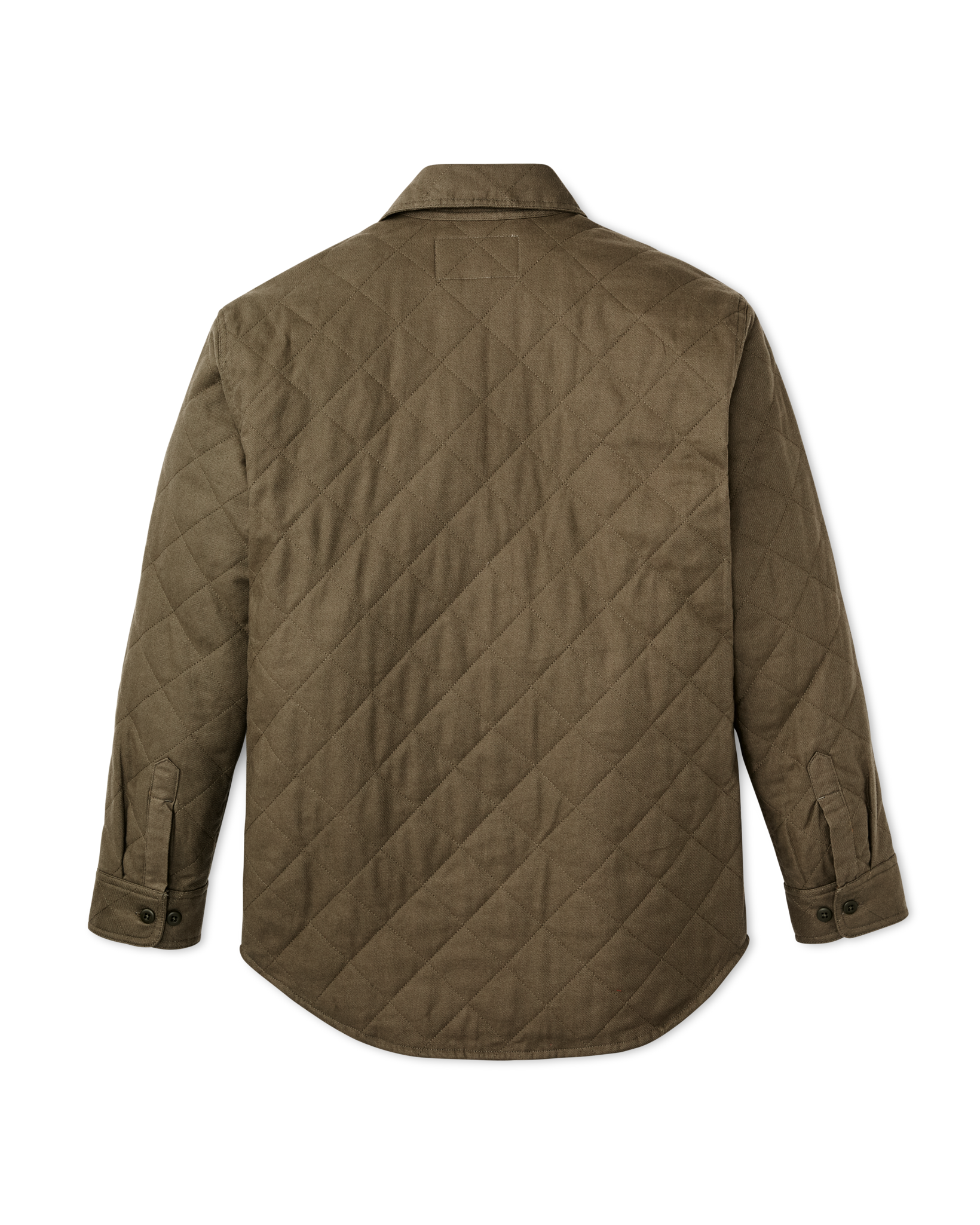 Back view of quilted insulated shirt jacket in olive green with diamond stitching and button cuffs