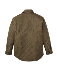 Back view of quilted insulated shirt jacket in olive green with diamond stitching and button cuffs