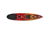 Tandem kayak with gradient red-orange coloring, two seats, and storage compartments viewed from above