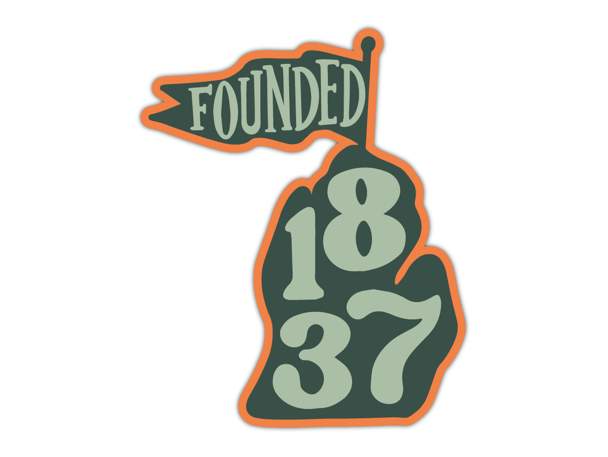 State-shaped sticker with green background, orange border, displaying founding year text and numbers