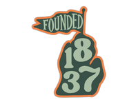 State-shaped sticker with green background, orange border, displaying founding year text and numbers