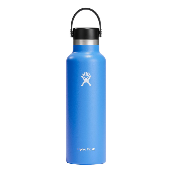 Blue insulated stainless steel water bottle with black flex cap and carry handle, front view