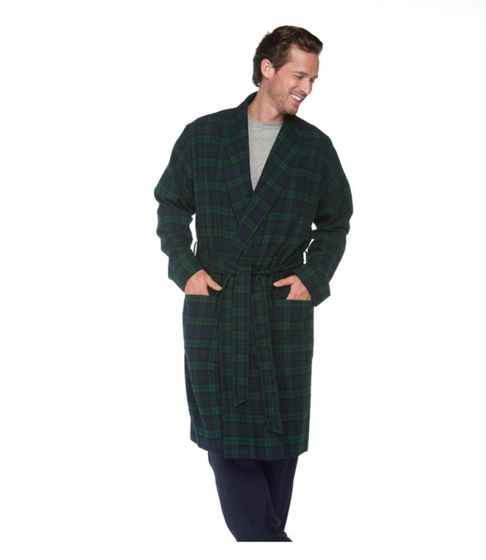 Men's plaid flannel robe in dark green tartan, belted wrap style, knee-length, front view