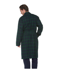 Men's plaid flannel robe in dark green tartan, back view, belted waist, knee length