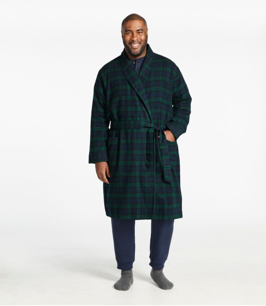 Men's plaid flannel robe with belt, shawl collar, and patch pockets, front view