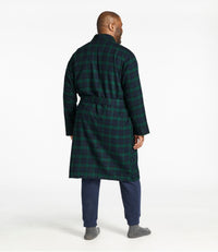 Men's plaid flannel robe, back view, belted, knee-length, worn with navy joggers and gray socks